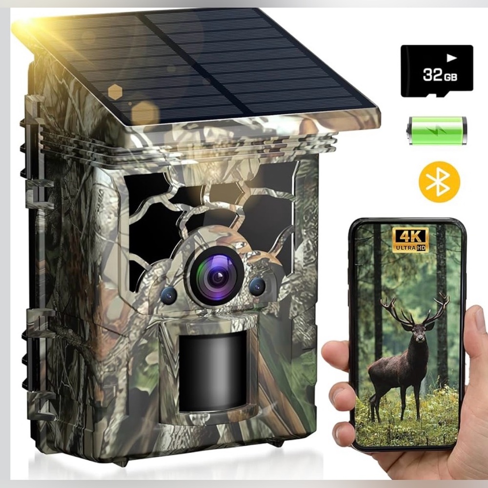 Solar Trail Camera 4K 46MP WiFi Bluetooth 130° No Glow Night Vision 32GB Card